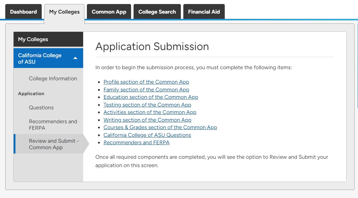 Review and submit section of the common app